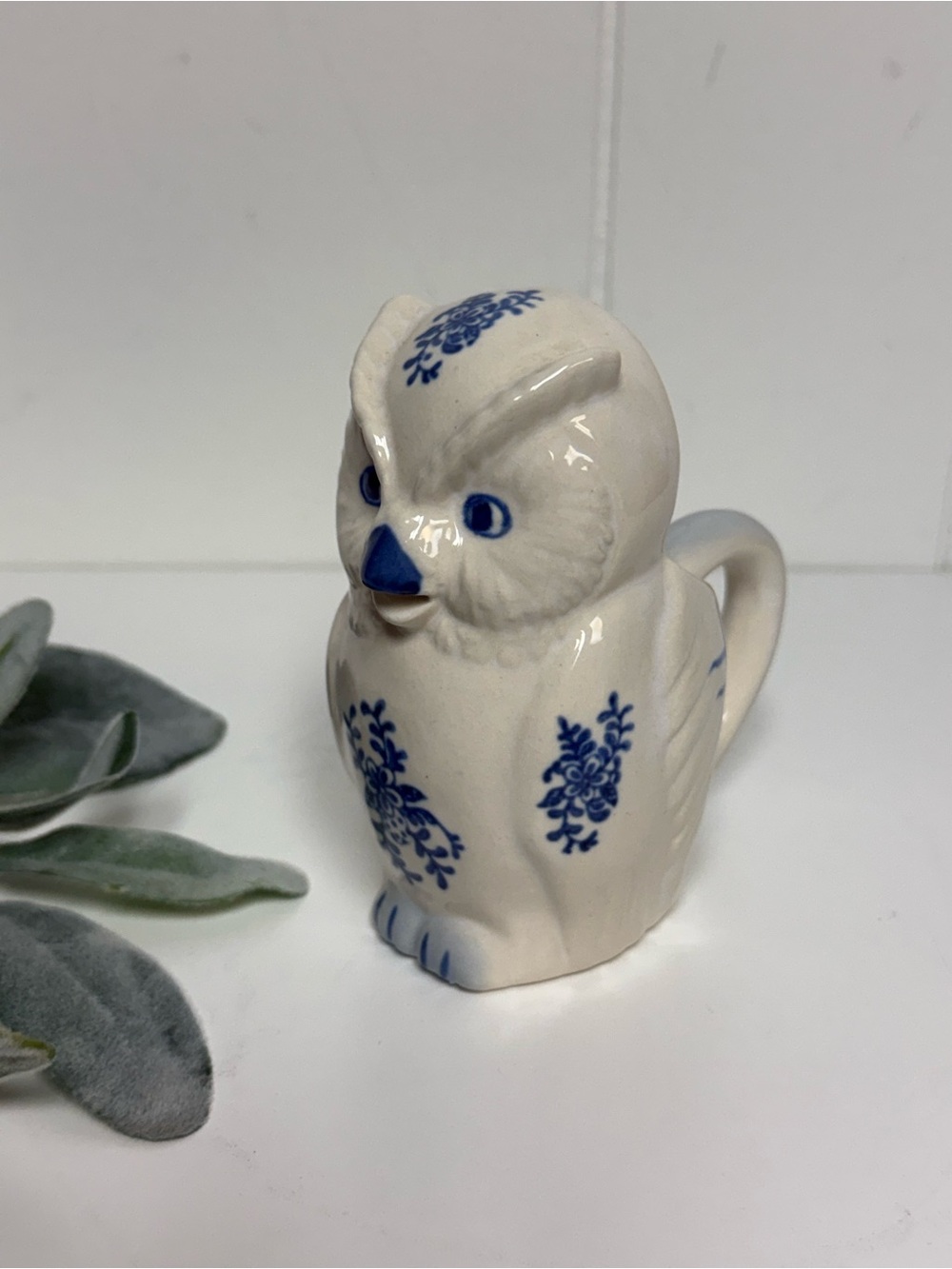 Vintage Blue and White Ceramic Figural Owl Creamer Small Pitcher Cottagecore
